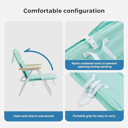 SUNNYFEEL Foldable Beach Chair, Beach Chair Backup with Wood Armrest & Cushion, Lightweight Camping Chair Heavy Duty for Beach, Camping, Lawn, Outdoor, Mint Green
