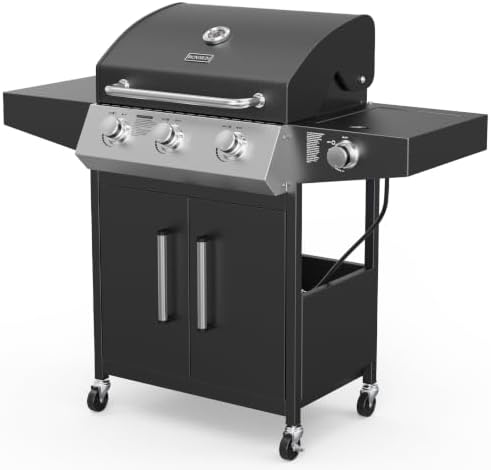 ROVSUN 3-Burner Propane Gas BBQ Grill with Side Burner & Enameled Cast Iron Grates, 46,000 BTU Barbecue Grill with Wheels for Outdoor Patio Backyard Cooking Grilling, Black