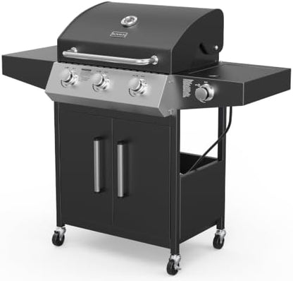 ROVSUN 3-Burner Propane Gas BBQ Grill with Side Burner & Enameled Cast Iron Grates, 46,000 BTU Barbecue Grill with Wheels for Outdoor Patio Backyard Cooking Grilling, Black