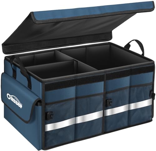 Oasser Car Trunk Organizer with Foldable Soft Lid, 55L 3 Compartments Blue