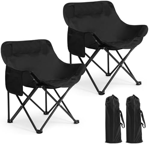 2 Pack Folding Camping Chairs Portable, Black, Solid Color