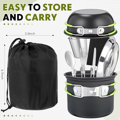 18-Pcs Camping Cookware Mess Kit for 2, Non-Stick Lightweight Pot Pan Set with Stainless Steel Cups & Plates, Folding Utensils with 3 Storage Bags for Emergency Prep, Hiking, Picnic