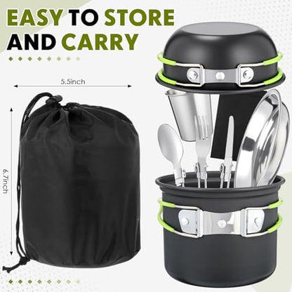 18-Pcs Camping Cookware Mess Kit for 2, Non-Stick Lightweight Pot Pan Set with Stainless Steel Cups & Plates, Folding Utensils with 3 Storage Bags for Emergency Prep, Hiking, Picnic