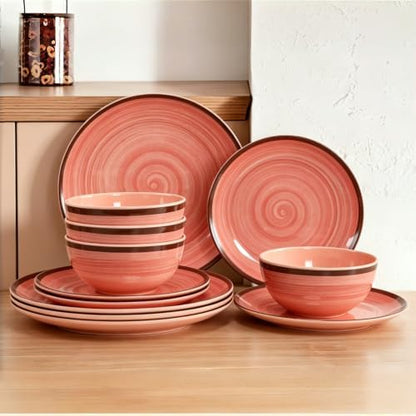 Melamine Dishware Sets, Unbreakable Dinnerware Sets for 4, Pink Swirled