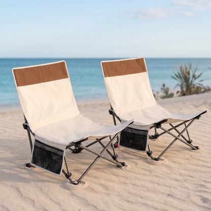 Compact Beach Chairs 2 Pack with 3-Position Lay Flat Low Portable Camping Chairs for Adults Folding Reclining Chairs for Beach, Lawn, Travel