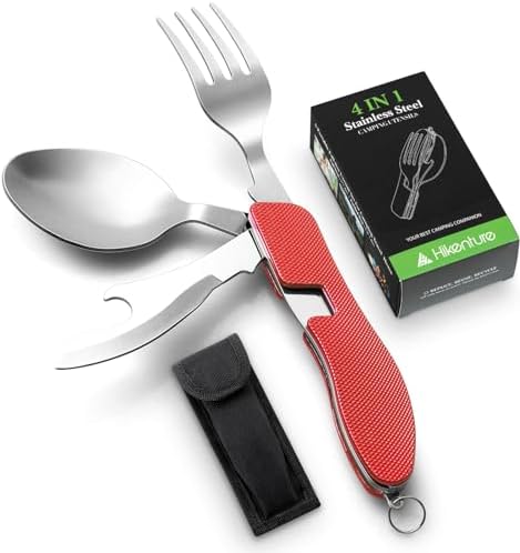 Camping Eating Utensils,4-In-1 Stainless Steel Spoon Fork Knife Set(Red)