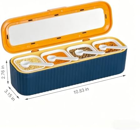 Clear Seasoning Box, 4PCS Seasoning Rack Spice Pots, Storage Container Condiment Jars Seasoning Box with Clear Covers and Spoons for Spice, Sugar, Salt, Pepper, Garlic Powder (Blue)