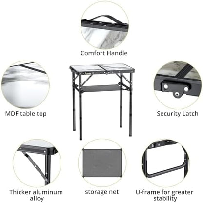 Anbte Folding Camping Table with Storage Net, 3 Adjustable Height Max 28"