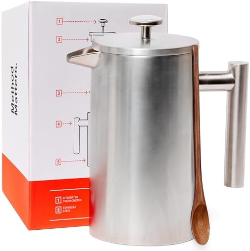 Barista Warrior French Press Coffee Maker - Double-Wall Stainless Steel Insulated French Press with Built-In Thermometer, Dual Filters Coffee Maker with Wooden Spoon - Silver