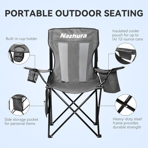 Nazhura 4 Pack Outdoor Camping Chairs Folding/Foldable/Portable with Cooler Pouch, Mesh Backrest and Cup Holder Pocket (Grey, Metal, 4 Pack)