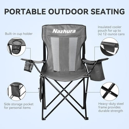 Nazhura 4 Pack Outdoor Camping Chairs Folding/Foldable/Portable with Cooler Pouch, Mesh Backrest and Cup Holder Pocket (Grey, Metal, 4 Pack)