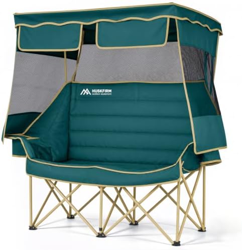 Huskfirm Double Camping Chair with Canopy Shade Folding Heavy Duty Green