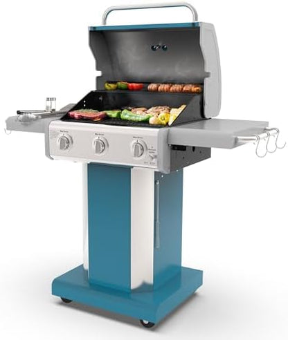 Kenmore 3-Burner Propane BBQ Grill, 30,000 BTUs Gas Grill with Cast Iron Cooking Grates, Folding Side Tables & Wheels, Outdoor Grill with Tool Hooks, Teal