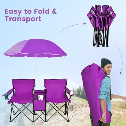 Goplus Double Camping Chairs with Umbrella, Cooler for Beach Patio