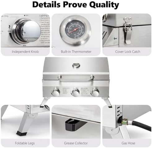 Bonnlo 3 Burner Portable Gas Grill, 30,000 BTU Tabletop Camping Grill with Ignition & Lockable Lid, Stainless Steel Propane Grill with Foldable Legs & Thermometer for Outdoor Patio BBQ RV Use