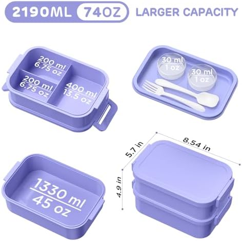 DaCool Lunch Box Adults Bento Box - 74 OZ All-in-One Stackable Lunch Box Containers for Adult Large Bento Box with Fork Spoon Sauce Boxes, Leakproof Lunchbox for Work School Dining Out,Macaron-Color