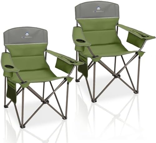 Oversized Camping Chairs 2 Pack - Heavy Duty 400LBS Padded Lawn Chair with Cooler Bag,Cup Holder,Side Pocket,Collapsible for Outdoor,Camp,Fishing & Garden,Olive Green