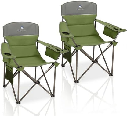 Oversized Camping Chairs 2 Pack - Heavy Duty 400LBS Padded Lawn Chair with Cooler Bag,Cup Holder,Side Pocket,Collapsible for Outdoor,Camp,Fishing & Garden,Olive Green