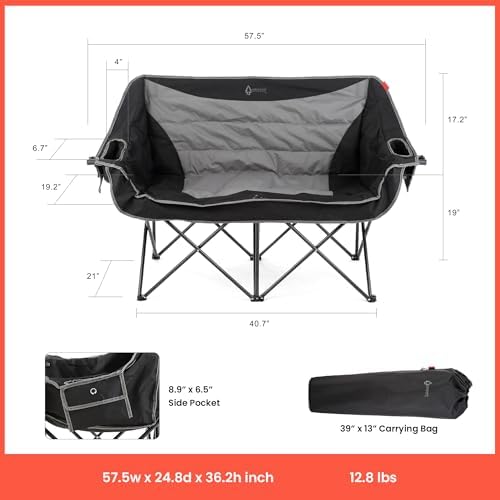ARROWHEAD OUTDOOR Wide Duo Foldable Heated Camping Loveseat Chair, Black