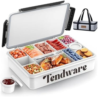 Chilled Portable Snackle Box Container with Ice Pack, Divided Serving Tray with Insulated Bag, Beach Essentials for Summer, Snack Containers for Road Trip Charcuterie Snack Picnic, White