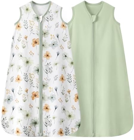 Baby Sleep Sack 6-12 Months 0.5 TOG, 100% Cotton Baby Wearable Blanket 2 Pack with 2-Way Zipper, Lightweight Sleep Bag for Boys ＆ Girls Newborn Infant Breathable Sleeing Sack Green Flower