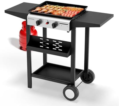 ROVSUN 2 Burner Portable Propane Griddle with Nonstick Enameled Tray, 20000 BTU Rolling Flat Top Gas Grill with Electronic Ignition, Side Shelves & Regulator for Outdoor Cooking Camping BBQ Tailgating