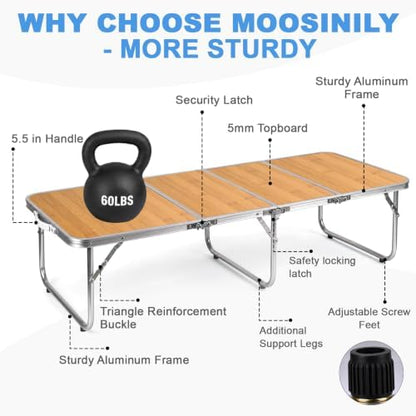 Moosinily Small Camping Table 4FT Folding Picnic Table Foldable Low Camp Table Portable Short Aluminum Outdoor Short Floor Beach BBQ Travel Yellow 47.2×15.7 inch