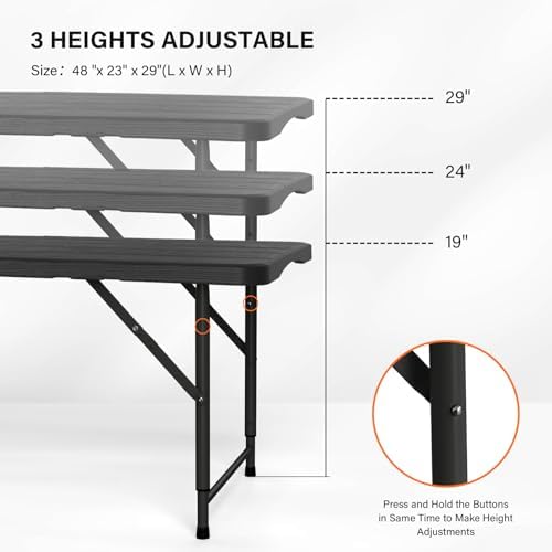 VINGLI 4 FT Plastic Folding Camping Table,3-Level Adjustable Height, Portable in/Outdoor Party Picnic Dining Desk,Off-White Garden Soccer Multipurpose Entertaining Activities, Black