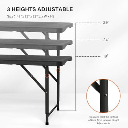 VINGLI 4 FT Plastic Folding Camping Table,3-Level Adjustable Height, Portable in/Outdoor Party Picnic Dining Desk,Off-White Garden Soccer Multipurpose Entertaining Activities, Black