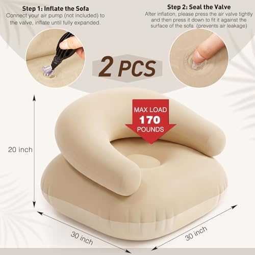Novabright 2 Pcs Inflatable Chairs for Adults Blow Up Games Chairs Folding Portable Flocking Inflatable Sofa for Living Room Learning Camping Party (Khaki)