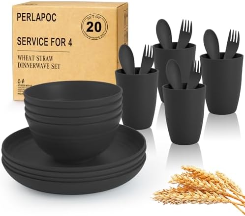 Wheat Straw Dinnerware Sets, Unbreakable Kids Plates and Bowls Sets 20-Piece Service for 4, Alternative Plastic Outdoor Camping Dishes, Microwave & Dishwasher Safe - Black
