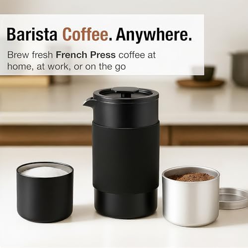 Travel French Press Coffee Maker Set - 12 oz | Portable Travel French Press Coffee Maker | Double Wall Insulated with Dual Stainless Filters & 2 Steel Canisters for Grounds, Tea, Creamer & Sugar