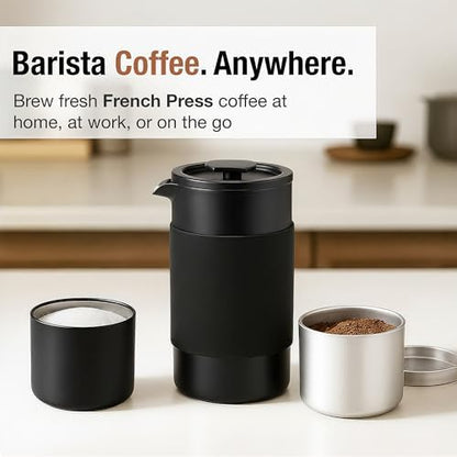 Travel French Press Coffee Maker Set - 12 oz | Portable Travel French Press Coffee Maker | Double Wall Insulated with Dual Stainless Filters & 2 Steel Canisters for Grounds, Tea, Creamer & Sugar