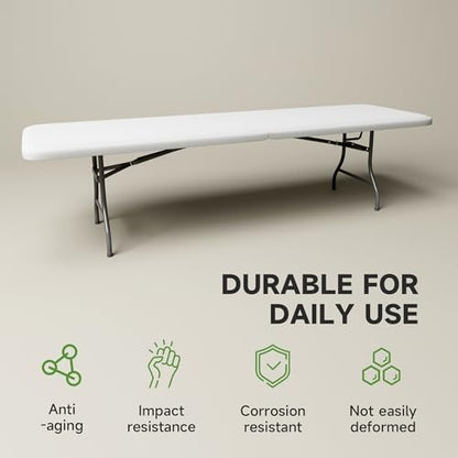 8ft Heavy Duty Folding Table - 660lb Capacity, Commercial Grade Steel Frame & Safety Lock. Portable for Indoor, Outdoor, Parties, Camping (1 Pack)