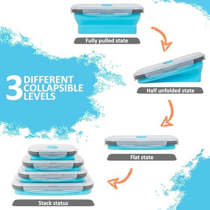 Collapsible Silicone Food Storage Containers Set with Lid & Air Vent, Foldable Lunch Containers, 8 Pack (4 Rectangular + 4 Round Bowls), BPA-Free, Space-Saving