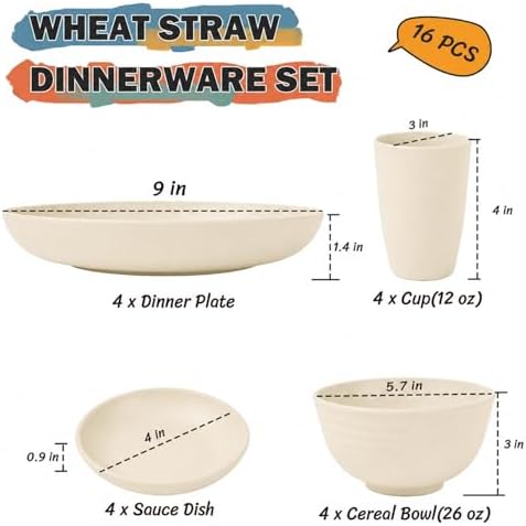 16 PCS Camping Dishes Set for 4, Unbreakable Plates and Bowls Set