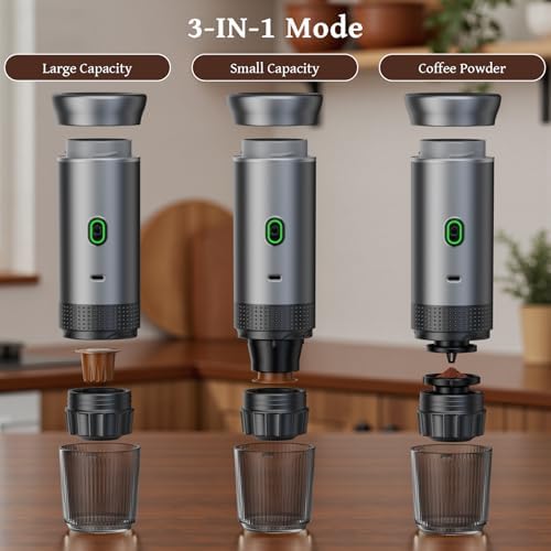 Portable Coffee Maker, 20-Bar 3-in-1 Travel Coffee Machine with 7500mAh Battery, Compatible with Ground Coffee & Capsules for Camping, RV, Hiking, Car & Office