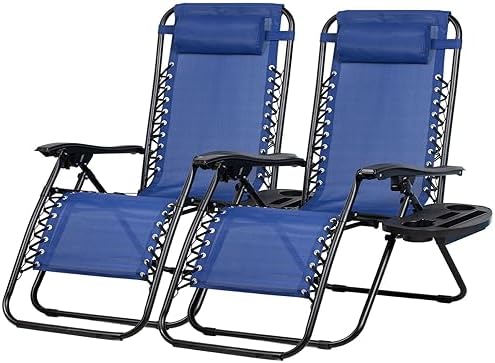 Nazhura Set of 2 Relaxing Recliners Patio Chairs Adjustable Steel Mesh Zero Gravity Lounge Chair Beach Chairs with Pillow and Cup Holder (Blue)