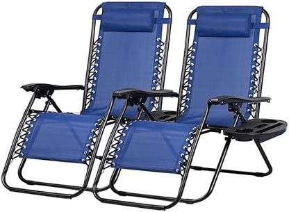 Nazhura Set of 2 Relaxing Recliners Patio Chairs Adjustable Steel Mesh Zero Gravity Lounge Chair Beach Chairs with Pillow and Cup Holder (Blue)