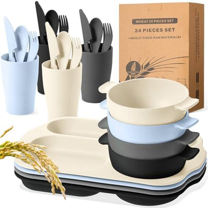 Honoson 24pcs Wheat Straw Dinnerware, Unbreakable, Vivid Color