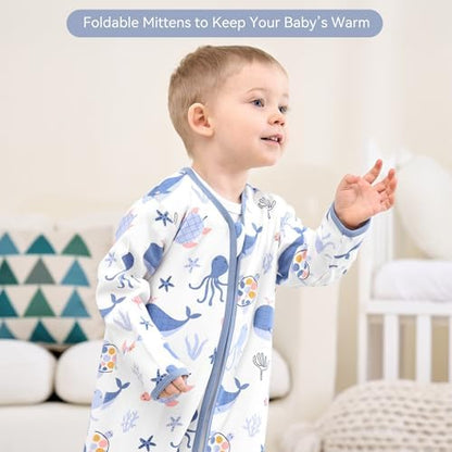 Baby Sleep Sack 6-12 Months, Long Sleeve Baby Wearable Blanket 0.5 Tog with Mittens, 2-Way Zipper Newborn Cotton Sleeping Sack for Boy and Girl Blue Whale 2 Pack (Medium)