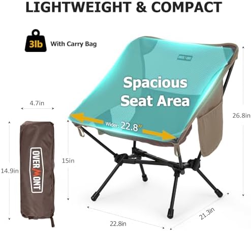 Overmont Ultralight Portable Camping Chair- Lightweight Folding Backpacking Chair, Support up to 330Lbs Compact Beach Chair for Adults with Carry Bag for Backpack Hiking Fishing Outdoor Camp 2pcs