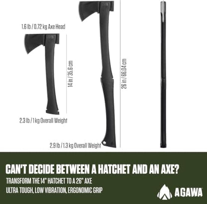 AGAWA ADK26 - Transforming Hatchet & Camping Axe - 2-in-1 Carbon Steel Log Splitter - Camping Gear for Hiking, Fishing, Hunting, Bushcraft, Survival Kit & Bug Out Bag
