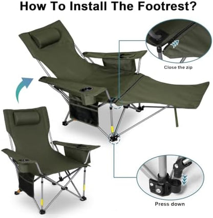 Romswi 2Pack 4-Position Reclining Camping Chair with Removable Footrest, 2-in-1 Adjustable Portable Lounge Chair with Cooler Bag, Cup Holder, Side Pockets & Carry Bag for Outdoor, Olive Green