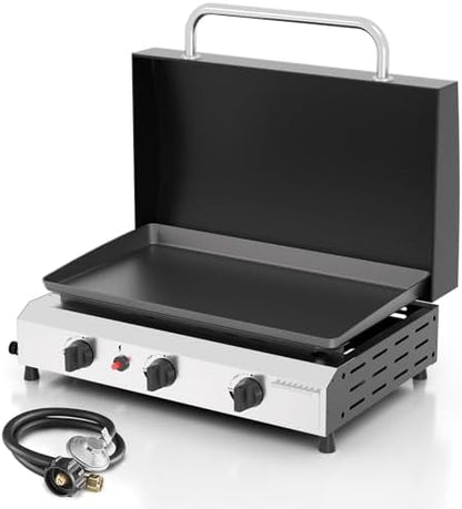3 Burner BBQ Gas Griddle with Hood, 25.6 Inch Flat Top Grill, Silver