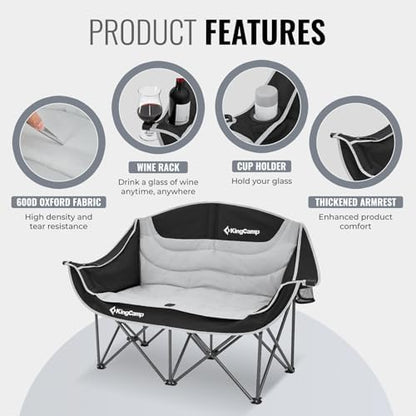 KingCamp Double Camping Chair, Oversized Heavy Duty 660lbs Loveseat for Adults Portable Folding XL 2 Person Couch Padded Comfortable Two Seat with Cup Holder for Outdoor Lawn Backyard, Black/Grey