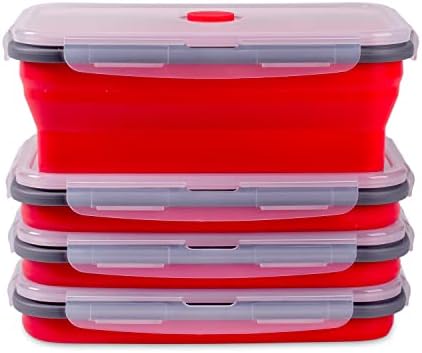 Collapsible Food Storage Containers with Airtight Lid & Air Vent, 40.5 oz, Kitchen Stacking Silicone Collapsible Meal Prep Container Set for Leftover, Microwave Freezer Dishwasher Safe, Red, Set of 4