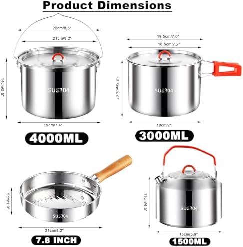 Camping Cookware Set 304 Stainless Steel Camping Pots and Pans Set