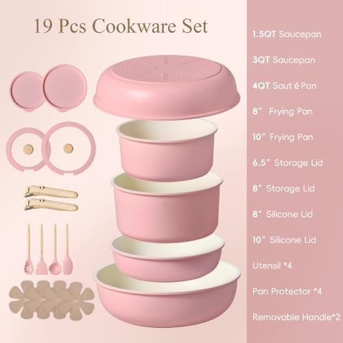 CAROTE 19pcs Pots and Pans Set Non Stick, Detachable Handle Cookware, Pink