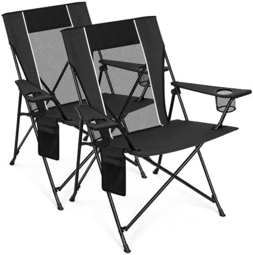 Romswi Portable Folding Camping Chair for Adults, Heavy Duty Outdoor Sports Chair with Dual Cup Holders, Side Pocket and Carry Bag, Camping Chair for Lawn, Beach, Fishing, Picnic and Tailgating,Black